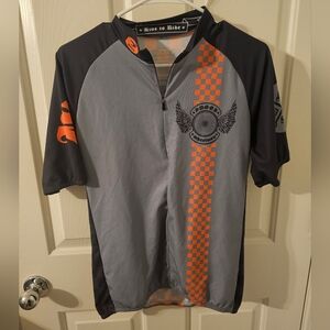 Sugoi men's cycling jersey in grey and orange with a "Live to Ride" Size L